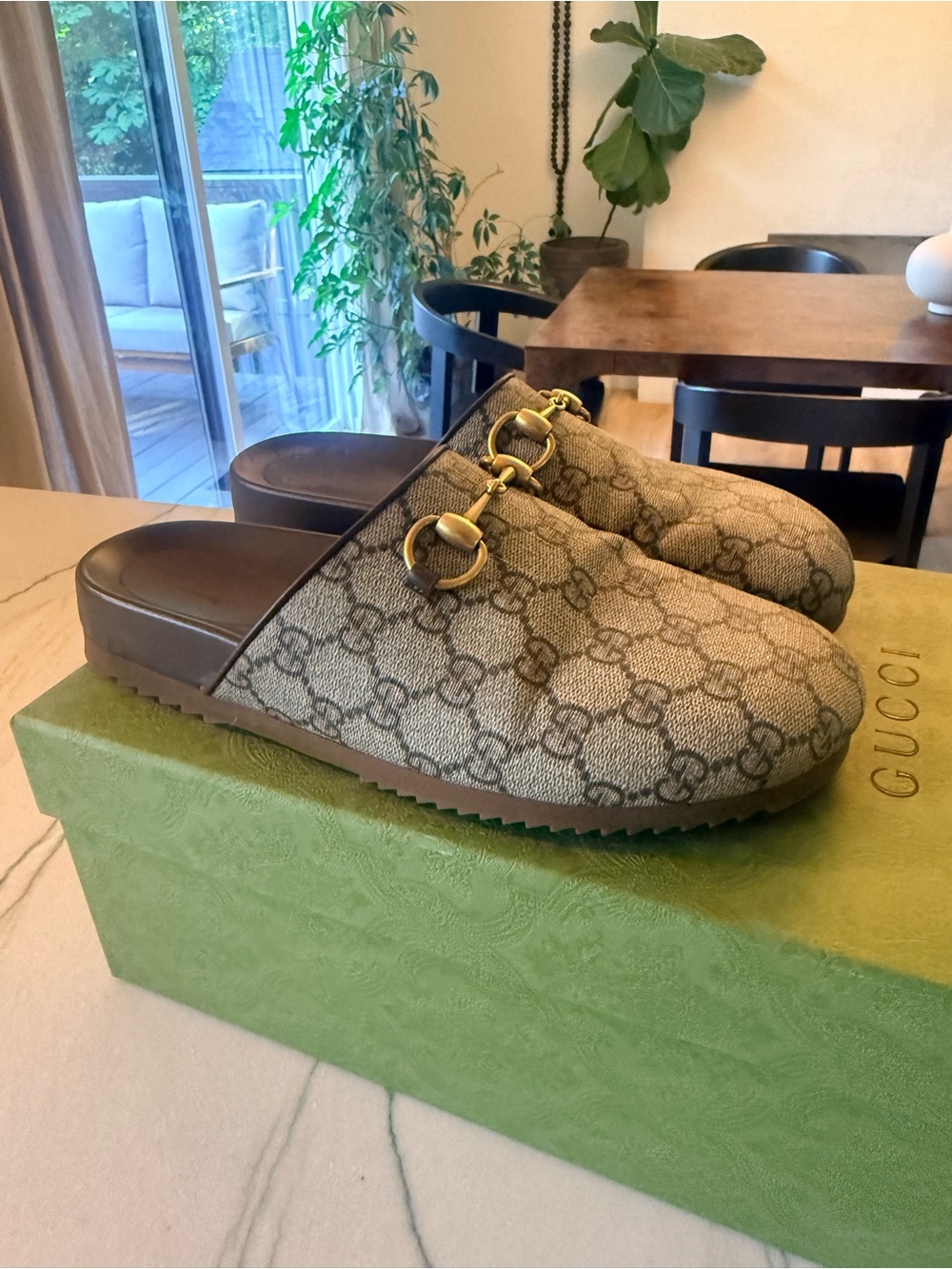 Gucci GG Canvas Horsebit Slip-On Mules in Brown